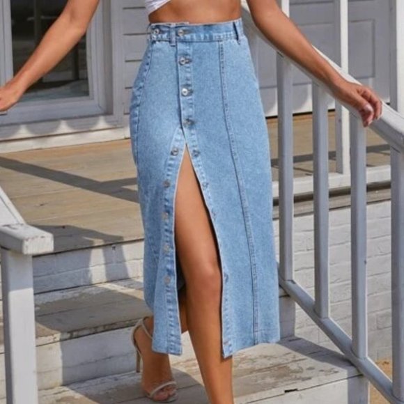 Button Detailed Pencil Skirt Light Denim